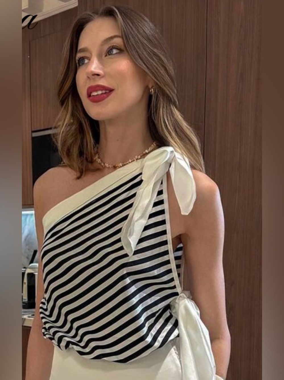 One-Shoulder Black and White Stripe Tie-Shoulder blouse